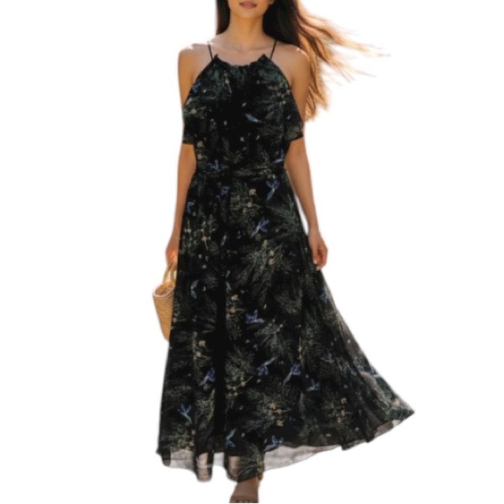MDS Collection Pheasant‎ Print Black Ruffle Front Midi Dress Size Small